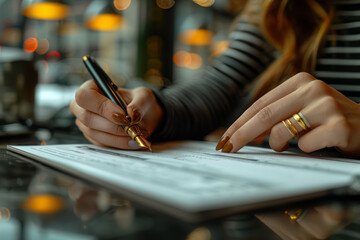 Poster - A person's hand writing a check to pay for a service rendered, completing a financial transaction with a paper document. Concept of traditional banking and payment methods. Generative Ai.