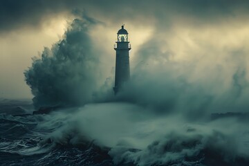 Wall Mural - A lone lighthouse stands tall against the pounding waves, a beacon of hope amidst the chaos of summer storms.