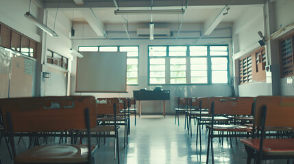 Poster - Lecture room or School empty classroom with desks and chair iron wood for studying lessons in high school thailand interior of secondary education with whiteboard vintage tone educatio : Generative AI