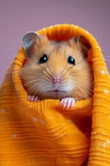 Canvas Print - A cheerful hamster hides behind an orange banner against a soft violet backdrop, peeking with joy