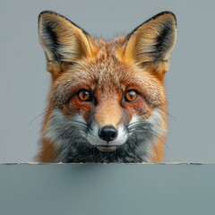 Sticker - Smirking fox peeking from behind an aqua banner, isolated on a pastel grey background