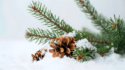 Aufkleber - Branches green spruce with cones on snow on white background : Generative AI