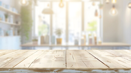 Aufkleber - empty wooden table on background of abstract blur white interior montage product display inside and window : Generative AI