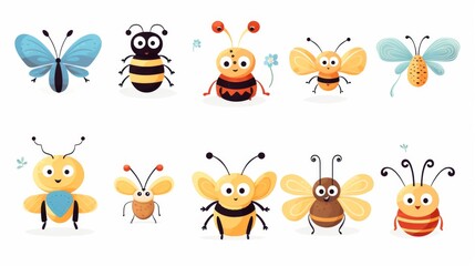 A delightful set of cartoon insects and butterflies with smiling faces, exuding happiness and fun for various design needs