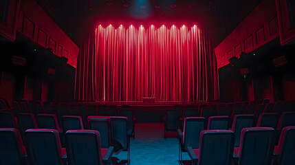 Aufkleber - Darkened empty movie theatre and stage with the red curtains drawn viewed over rows of vacant seats from the rear : Generative AI