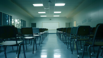 Poster - Wide angle shot of a university classroom with rows of chairs and desks : Generative AI