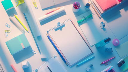 Fototapete - Top view of office workplace with various supplies and copy space Mock up : Generative AI