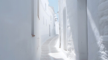 Poster - A vertical shot of a narrow pathway in the middle of white buildings : Generative AI