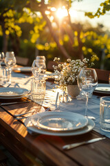 Wall Mural - Stunning table arrangement for a wedding of festive event against a breathtaking backdrop of vineyards on summer sunset.