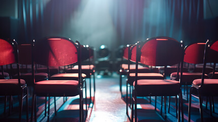 Aufkleber - chairs in the roll of concert stage to projection present event at aditorium for audience : Generative AI