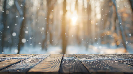 Poster - Vintage winter background Empty wooden table blurry forest snow sunshine and bookeh effect : Generative AI
