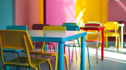 Leinwandbilder - Tables and chairs for preschool and school educational premises for children to study general subjects : Generative AI