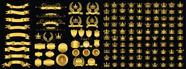 Golden crown emblem, badges, labels, shields and ribbons vector Set +160 elements 