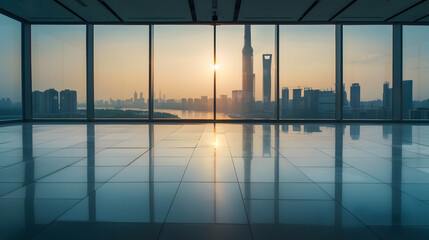 Poster - Empty floor and modern city skyline with building at sunset in Suzhou Jiangsu Province China high angle view : Generative AI