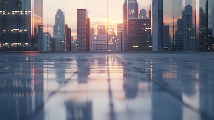 Poster - Empty floor and modern city skyline with buildings at sunset : Generative AI