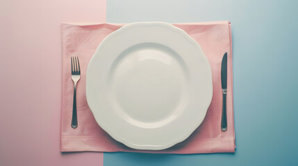 Aufkleber - Top view on colored background empty round white plate on tablecloth for food Empty dish on napkin with space for your design : Generative AI