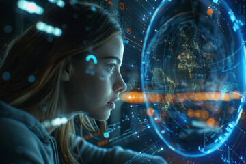 Poster - A woman is looking at a globe with numbers on it