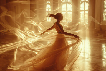 Poster - Scene of a ballroom dancer in a waltz, with soft, intertwining circles and arcs representing the elegance and flow,