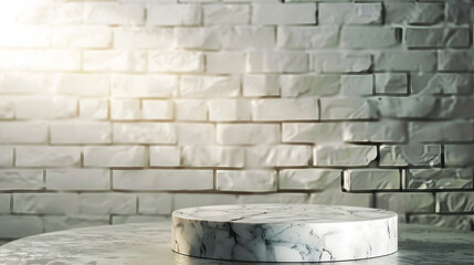 Aufkleber - Empty marble podium on bathroom table before white brick wall : Generative AI