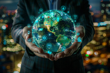 Poster - A man in a suit holds a globe in his hands