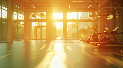 Poster - Sunshine fitness and empty gym for exercise workout and training Sunlight room and a club for sports health or cardio and exercising routine in the morning in summer for wellness and r : Generative AI