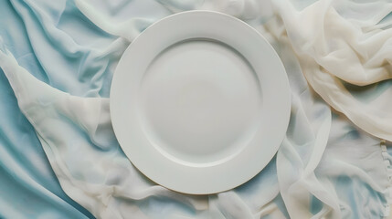 Aufkleber - Top view on colored background empty round white plate on tablecloth for food Empty dish on napkin with space for your design : Generative AI