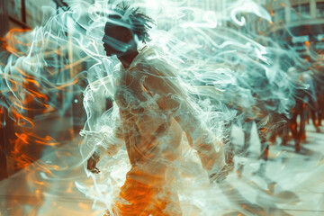 Poster - Abstract image of a street dancer whose body becomes a series of mirrored reflections, creating a surreal visual effect,