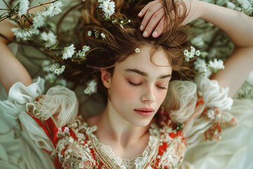 Poster - Dynamic image of a folk dancer whose body becomes intertwined with vines and flowers, blending with a lush forest,