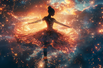 Poster - illustration of a ballerina whose graceful pirouette is surrounded by swirling clusters of atoms, cr