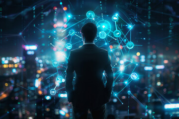 Poster - A man in a suit stands in front of a screen that says ' gd ' on it