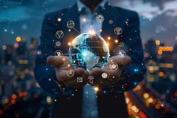 Poster - A man in a suit holds a glowing globe in his hands
