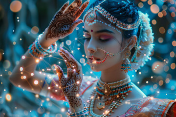 Aufkleber - Artistic portrayal of a traditional Indian dancer performing a mudra, with their hand gestures causing intricate molecular structures to form,