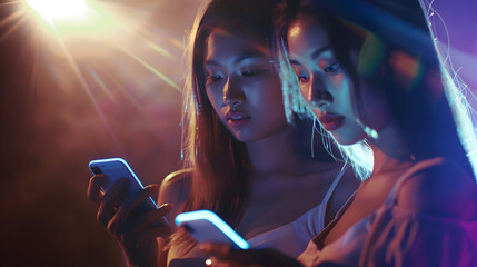 Aufkleber - Concept Network messengers Young women couple use phones with hands : Generative AI