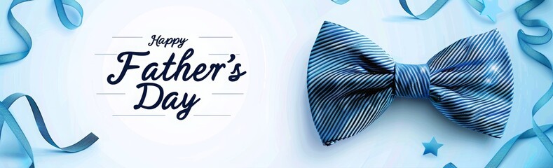 Happy Father's Day background with a bow tie in the middle, blue striped pattern and white circle frame. greeting card for men with copy space. illustration for social media posts, advertising