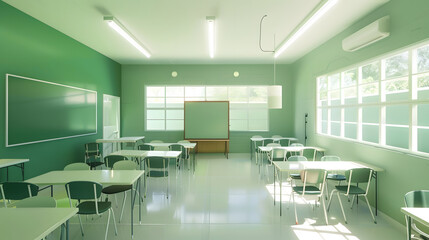 Poster - Classroom schoolInterior of clean spacious classroom ready for new school year Empty room with white walls comfortable desks chairs green blackboard whiteboard Back to school : Generative AI