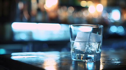 Poster - ice cube in an empty glass on a bar counter in bar or pub : Generative AI