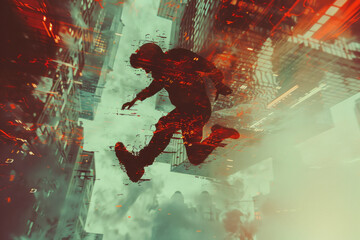 Poster - Abstract portrayal of a street dancer in mid-air, with their figure glitching into a fragmented, cyberpunk aesthetic,