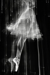 Poster - Scene of a classical ballet dancer performing an arabesque, her extended leg dissolving into pixelated trails,