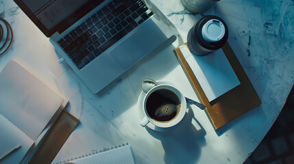 Poster - office working desk top view with laptop notepad and coffee : Generative AI