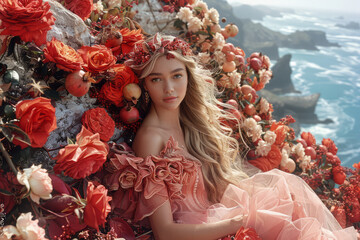 Aufkleber - Illustration of a siren on a rocky shore, surrounded by blooming roses and pomegranates, her enchanting song attracting sailors,