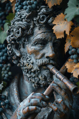 Poster - Scene of a satyr playing a flute, surrounded by grapevines and ivy, with clusters of grapes hanging within reach,