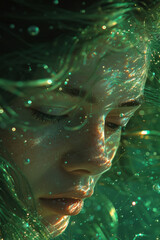 Poster - Abstract image of a mermaid underwater, surrounded by swirling tendrils of seaweed and shimmering pearls, each glowing with magical energy,