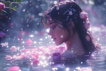Aufkleber - Illustration of a nymph bathing in a stream infused with rose petals and lavender, the water sparkling with a mystical light,