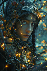 Aufkleber - Illustration of an elf in an enchanted forest, surrounded by clusters of strawberries and blueberries, each glowing with a soft light,