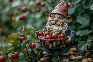 Wall Mural - Artistic depiction of a gnome in a lush garden, holding a basket of ripe cherries and almonds, symbolizing fertility and desire,