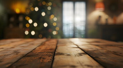 Poster - The empty wooden brown table top with blur background of home room in winter Exuberant image : Generative AI