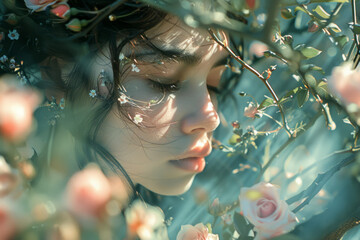 Aufkleber - Abstract image of a dryad emerging from an ancient oak tree, surrounded by blooming roses and fragrant herbs,