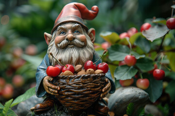 Poster - Artistic depiction of a gnome in a lush garden, holding a basket of ripe cherries and almonds, symbolizing fertility and desire,