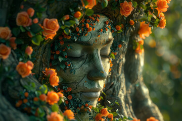 Poster - Abstract image of a dryad emerging from an ancient oak tree, surrounded by blooming roses and fragrant herbs,