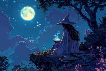 Aufkleber - Illustration of a sorceress in a moonlit grove, brewing a potion with ingredients like vanilla, ginger, and cardamom,